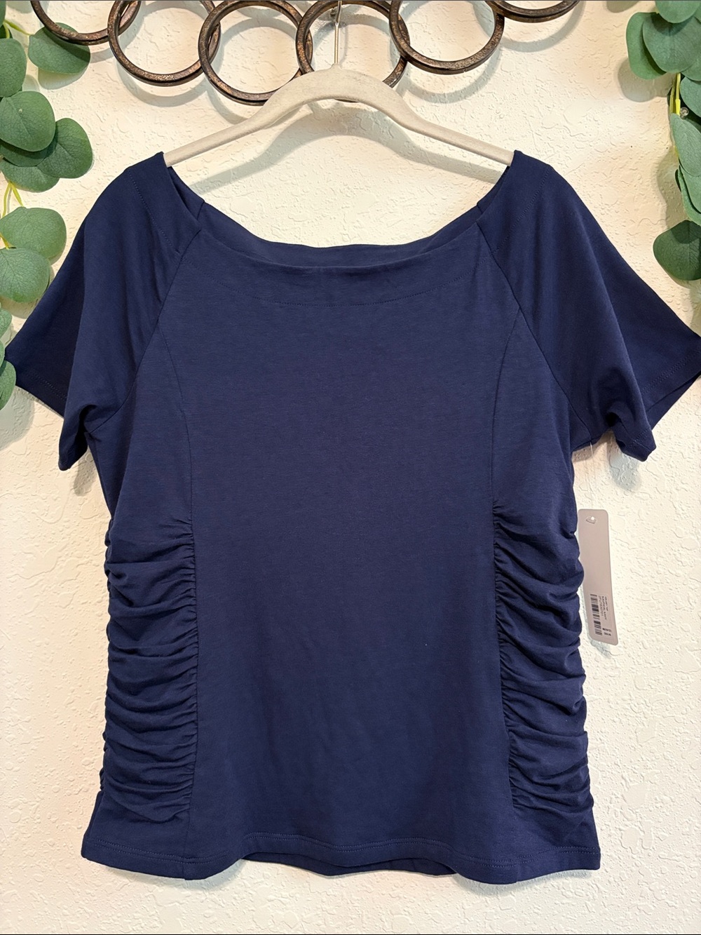 NWT Soft Surroundings Navy Ruched Side Short Sleeve Top